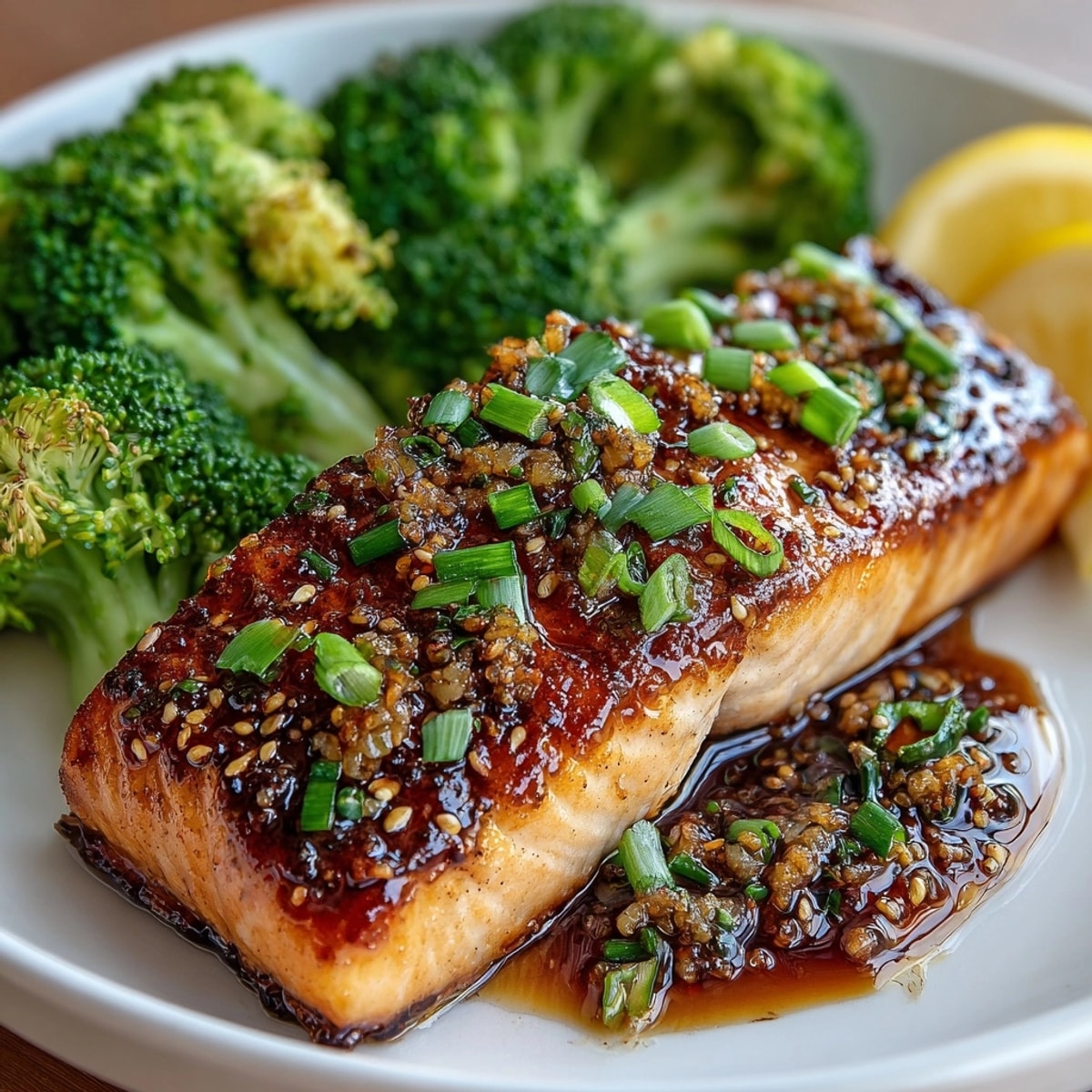 15-Minute Honey Garlic Salmon with Steamed Broccoli plated with vibrant sesame seeds and green onions garnish.