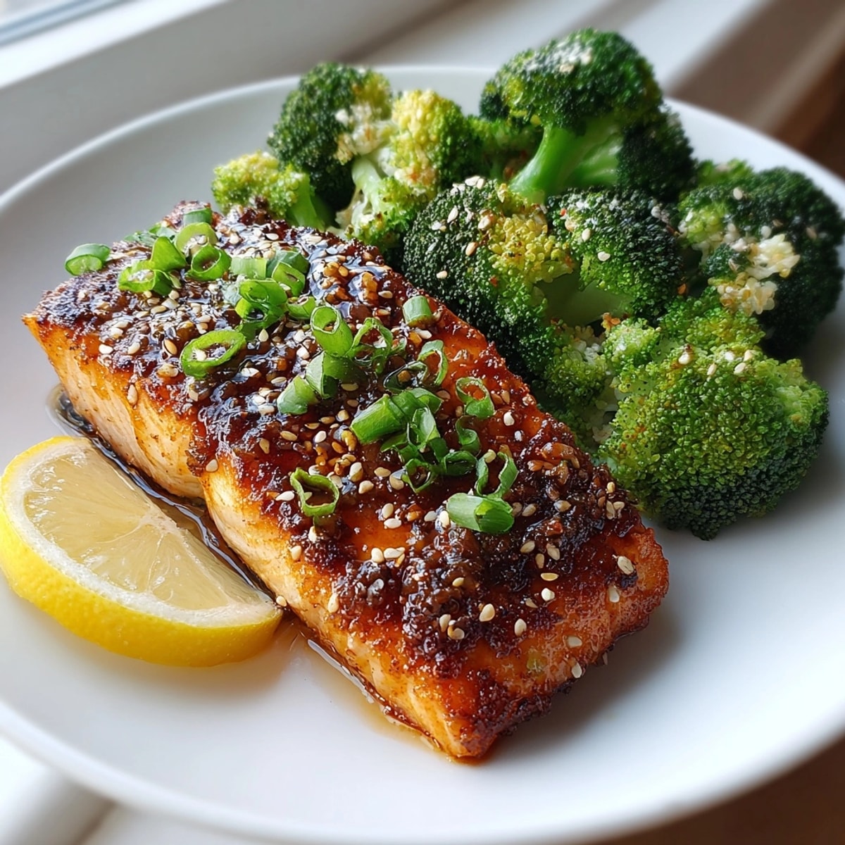 Juicy 15-Minute Honey Garlic Salmon with Steamed Broccoli served fresh for a healthy weeknight meal.