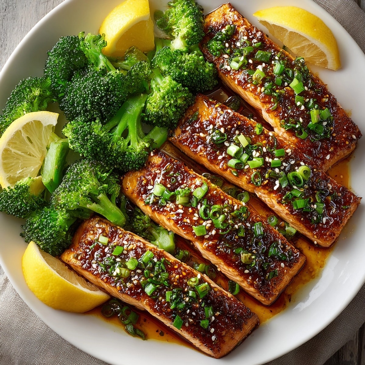 Closeup of flaky 15-Minute Honey Garlic Salmon with Steamed Broccoli and bright lemon wedges on the side.
