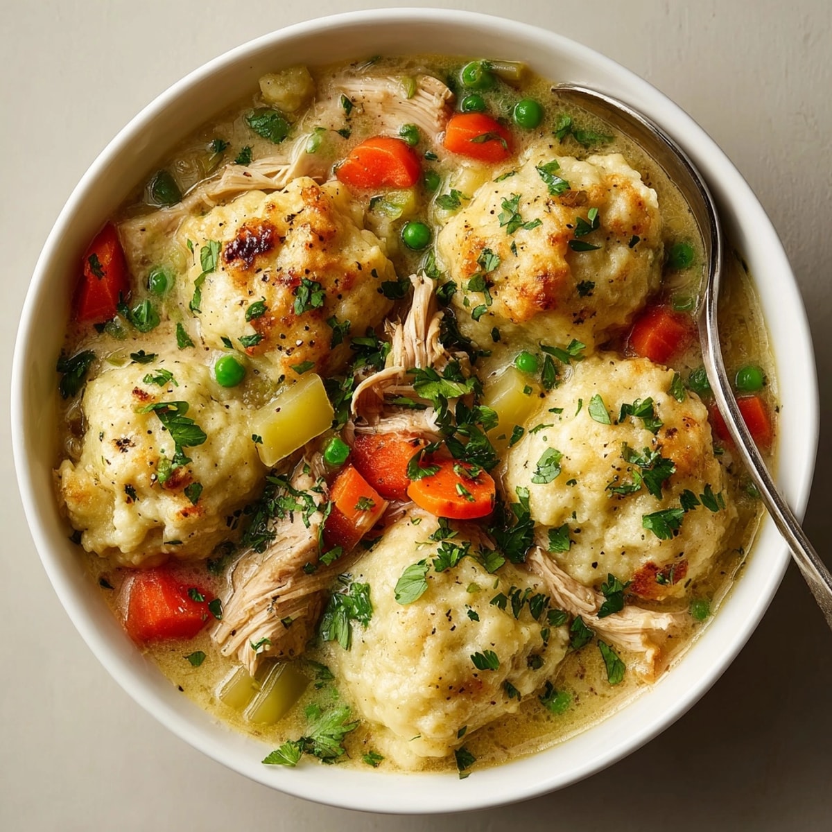 Classic Chicken and Dumplings served steaming hot with fluffy dumplings and creamy, savory broth.