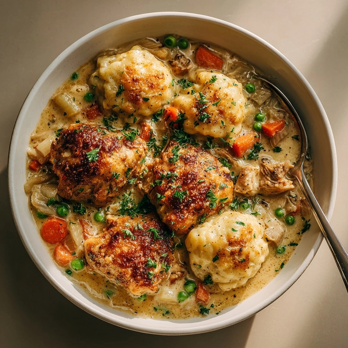 Hearty Classic Chicken and Dumplings recipe in a Dutch oven, perfect for cozy family dinners.