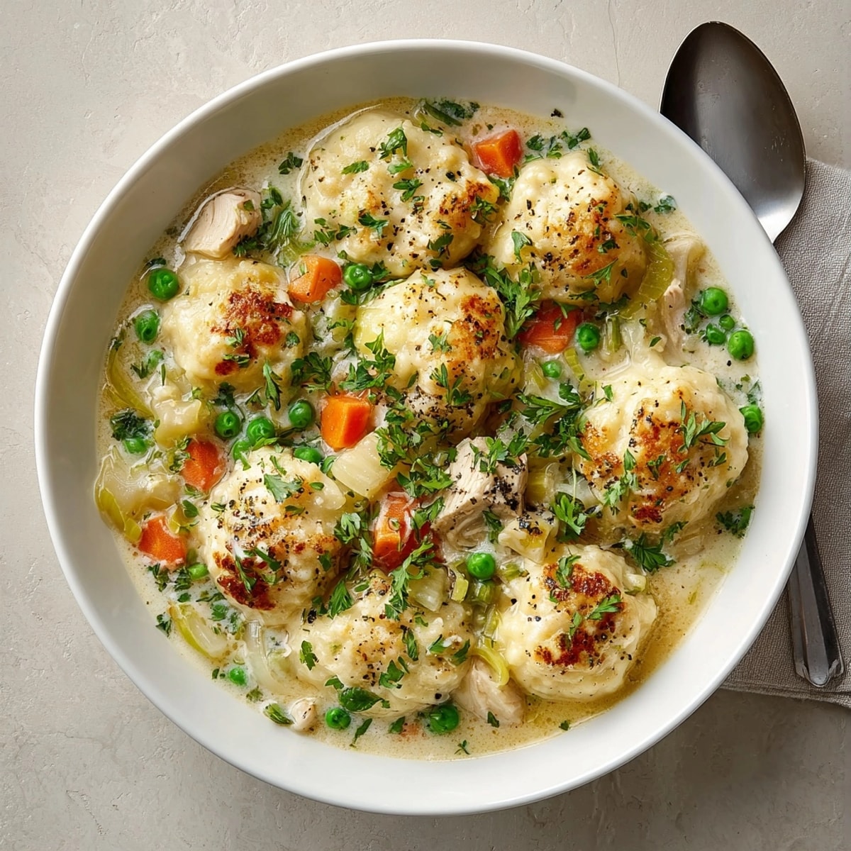 Bowl of Classic Chicken and Dumplings featuring tender chicken and golden vegetables in rich sauce.