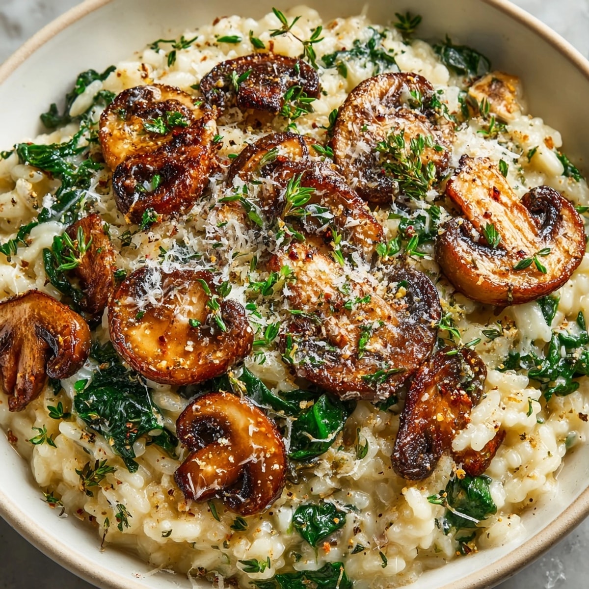 Creamy Mushroom and Spinach Risotto served hot in a rustic bowl with Parmesan garnish.