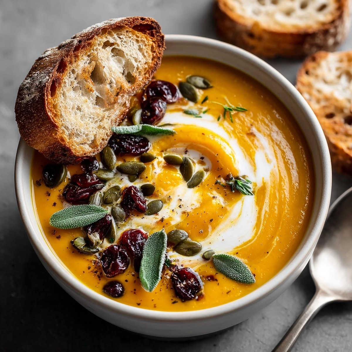 Roasted Butternut Squash and Apple Soup in a bowl, garnished with pumpkin seeds and sage.