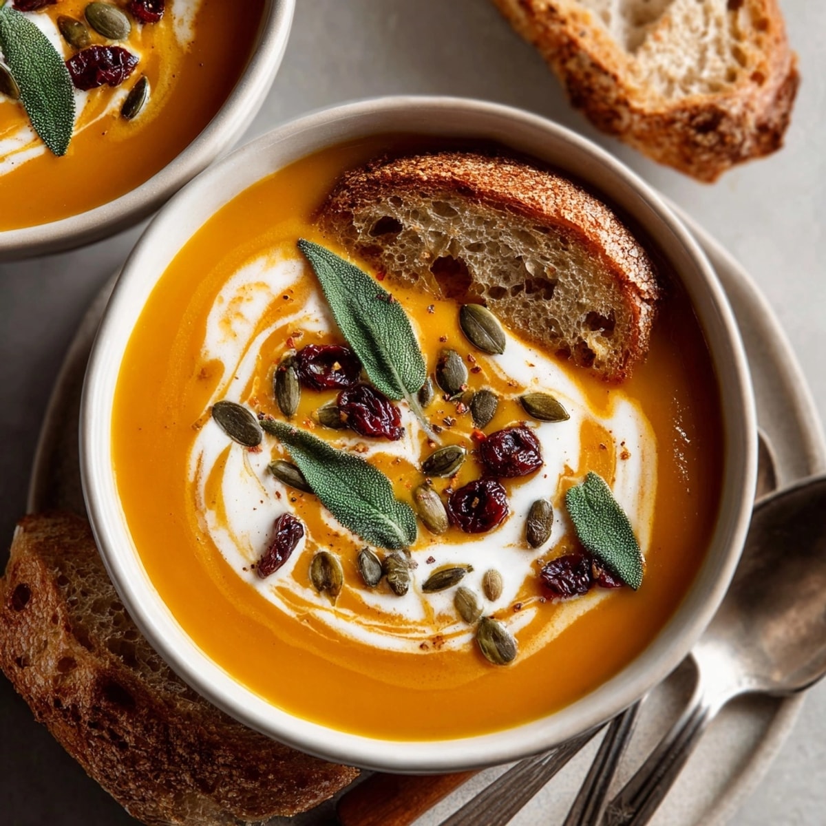 Golden roasted butternut squash and apple soup with a coconut milk swirl and festive toppings.