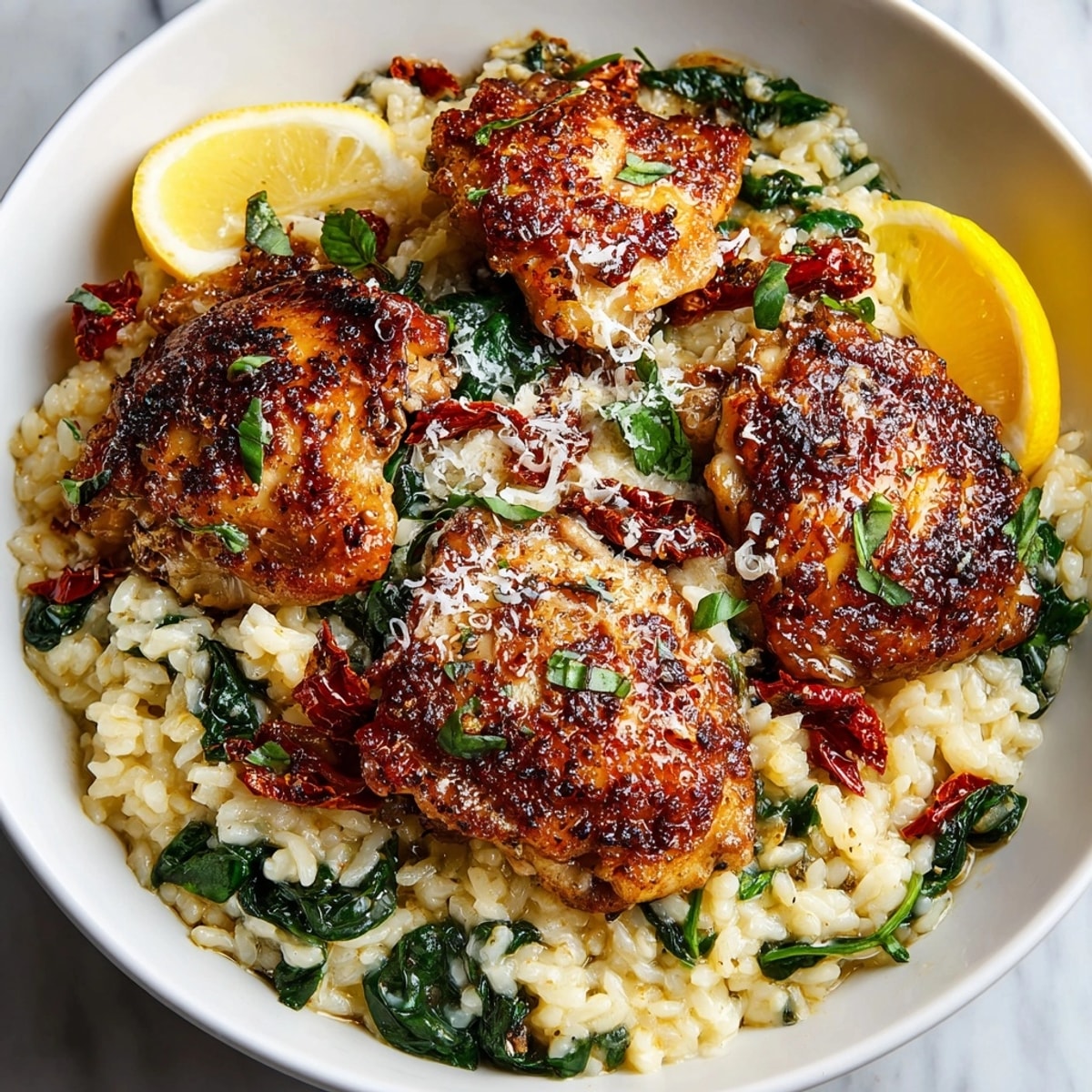 One-Pot Creamy Tuscan Chicken and Rice with crispy chicken thighs and creamy, cheesy rice.