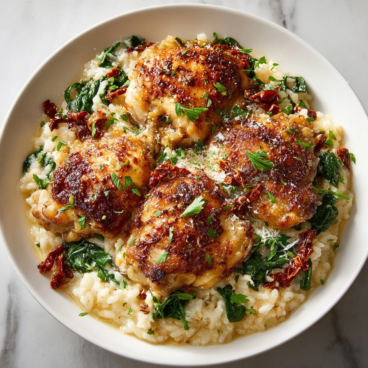 Close-up of One-Pot Creamy Tuscan Chicken and Rice, featuring golden chicken and vibrant spinach.