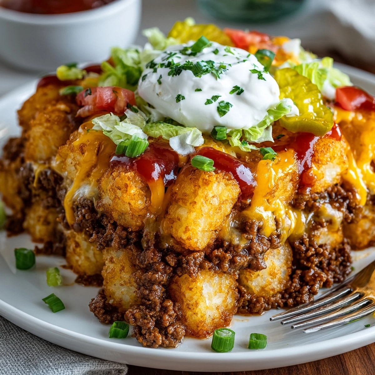 Warm golden-brown Cozy Cheeseburger Tater Skillet, a comforting one-pan meal topped with pickles.