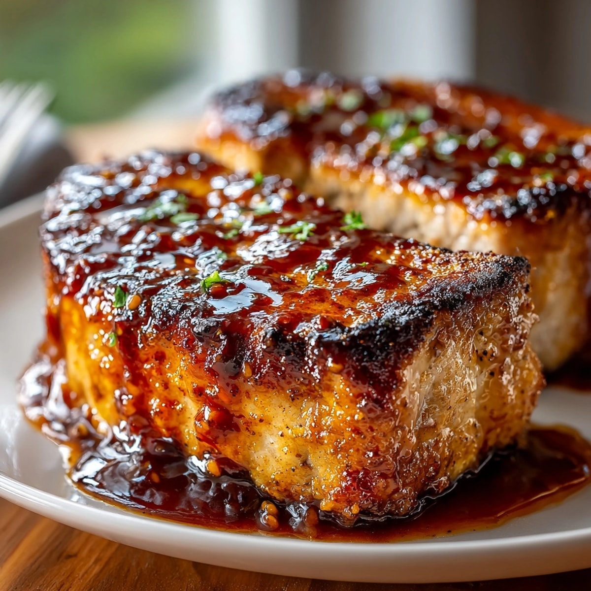 Golden-brown 20-Minute Cola-Glazed Pork Chop Skillet, glistening with a sweet and savory cola reduction.