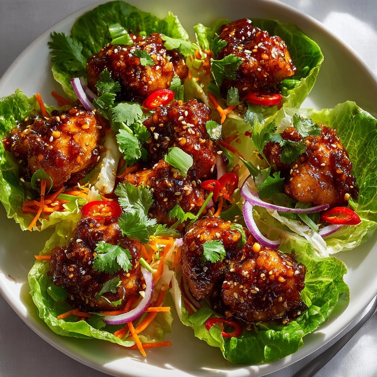 Cherry-Chili Glazed Chicken Lettuce Wraps: Tender chicken coated in a glossy, vibrant cherry-chili glaze, ready to eat.