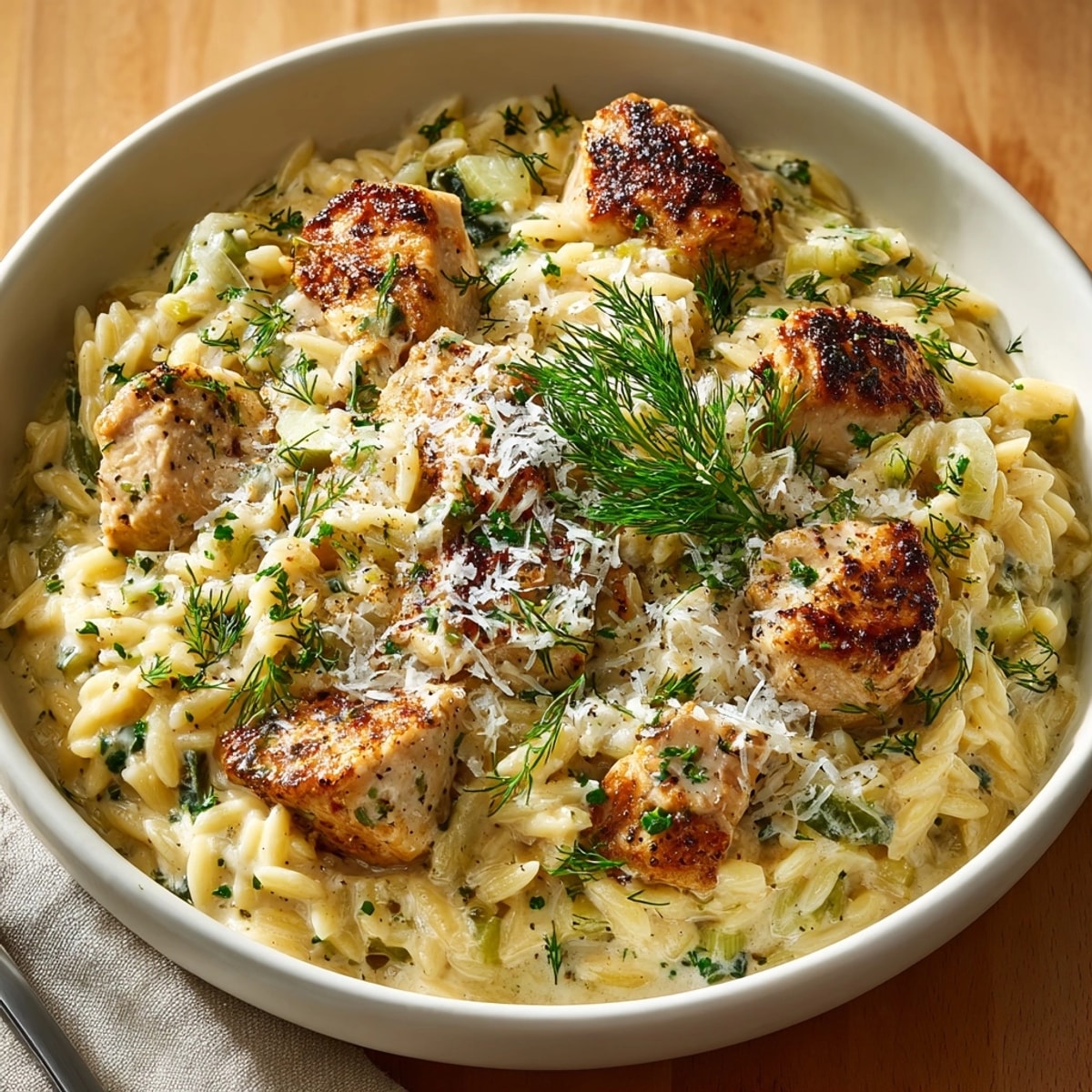 Creamy one-pot Dill Pickle Chicken Alfredo Orzo, garnished with fresh dill, ready to serve.
