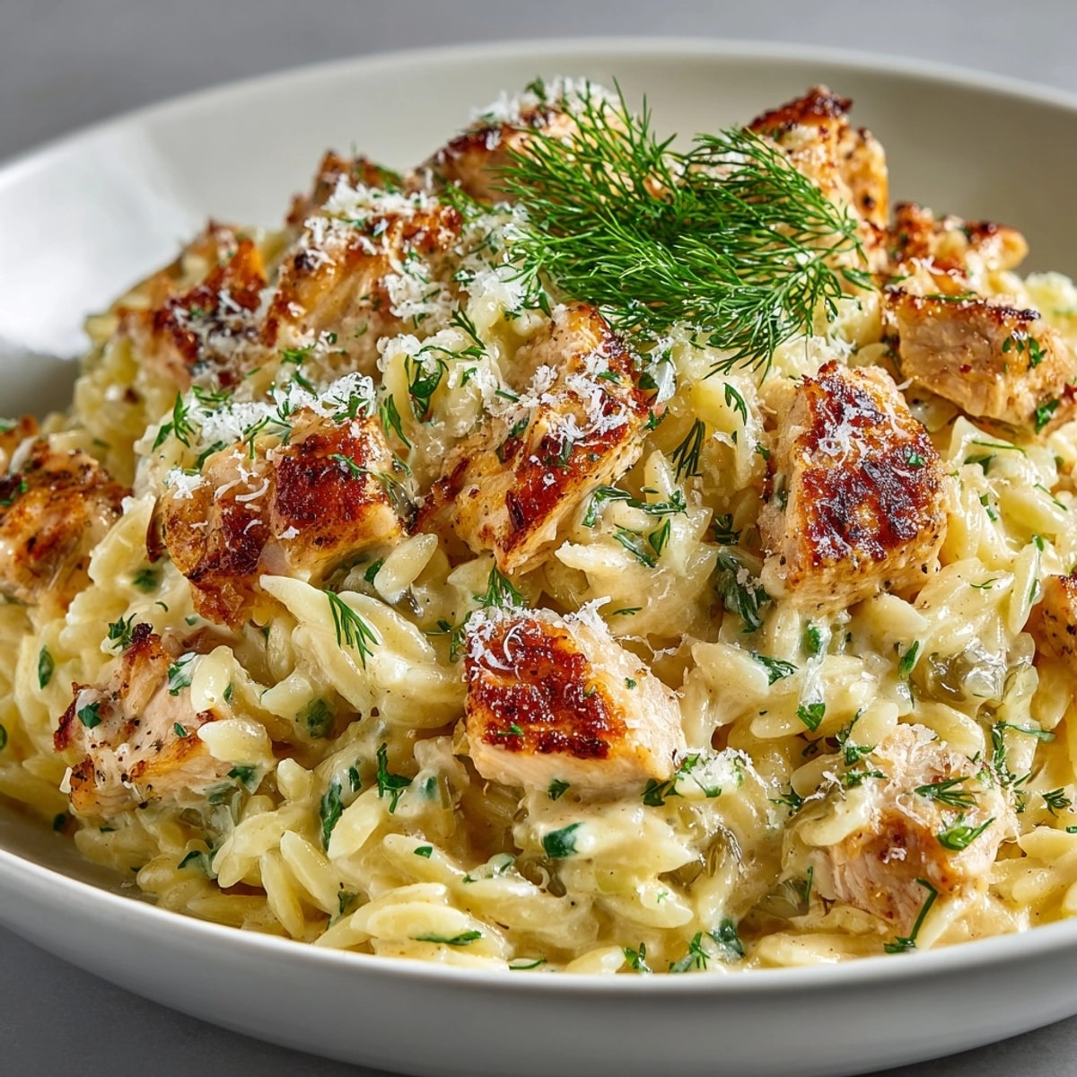 A glistening close-up showcases the saucy Dill Pickle Chicken Alfredo Orzo, perfect for a quick dinner.