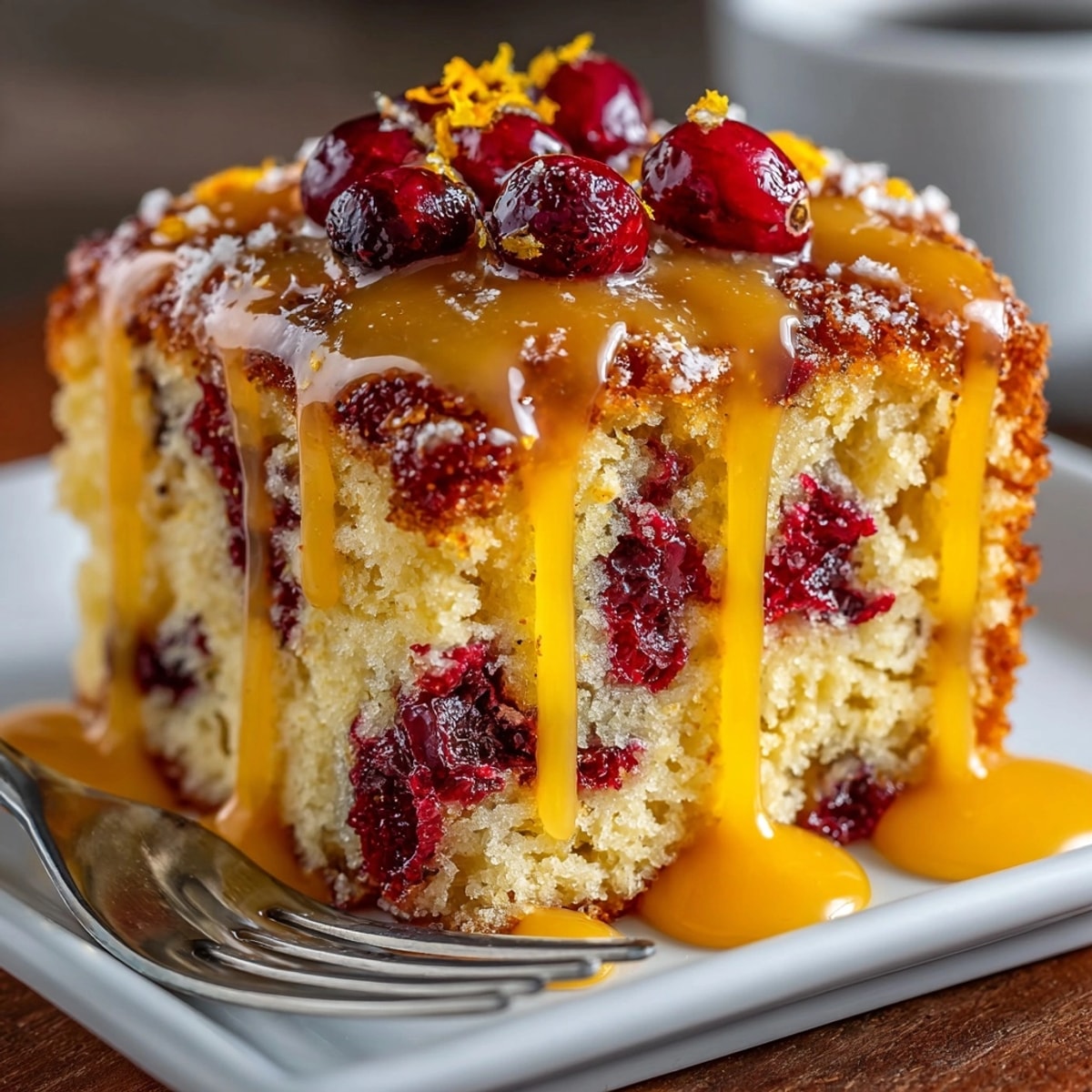 Chaos Cake Cranberry-Orange Snack Sheet, with a bright orange drippy glaze and plump cranberries.