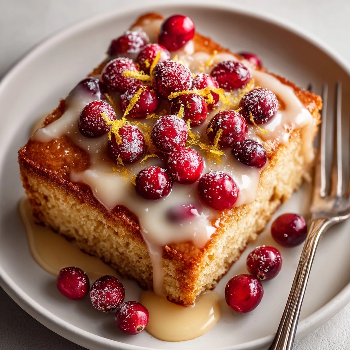 Enjoy a slice of delicious Chaos Cake Cranberry-Orange snack sheet: moist, sweet, and perfect with coffee.