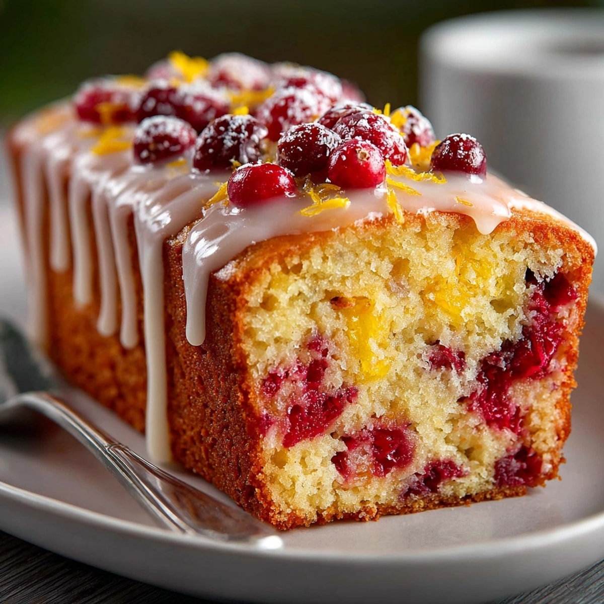 This beautiful shot shows the Chaos Cake Cranberry-Orange snack sheet with glaze cascading down the sides.