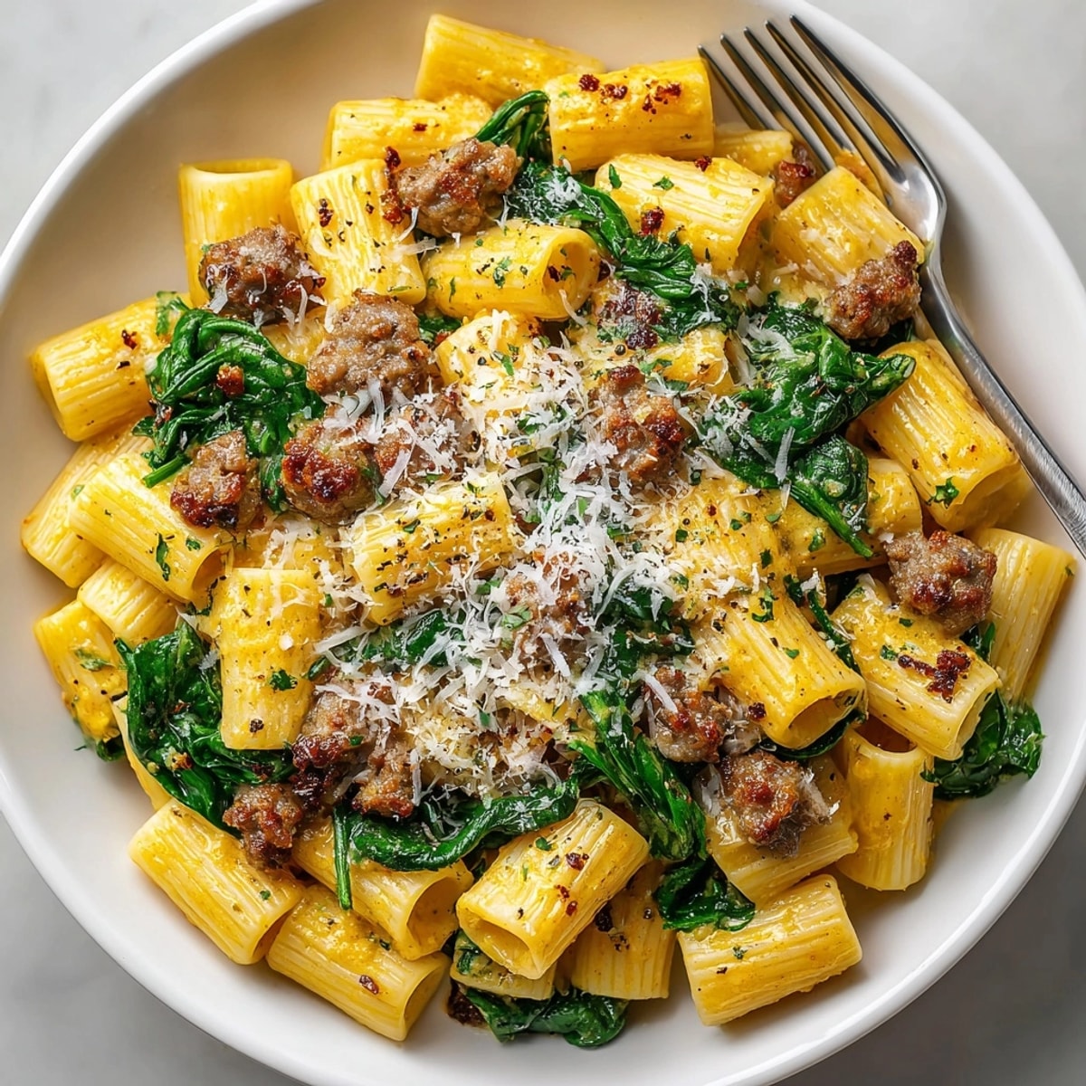 A top-down shot shows the finished One-Pot Creamy Pumpkin Sausage Rigatoni, creamy and delicious.
