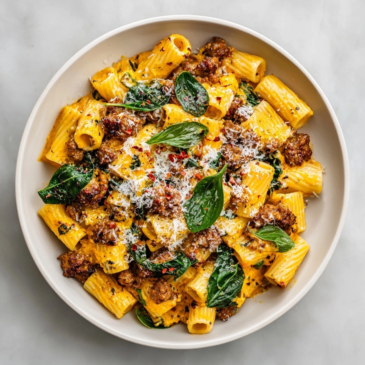 Garnished with Parmesan, this close-up highlights the rich, flavorful One-Pot Creamy Pumpkin Sausage Rigatoni.