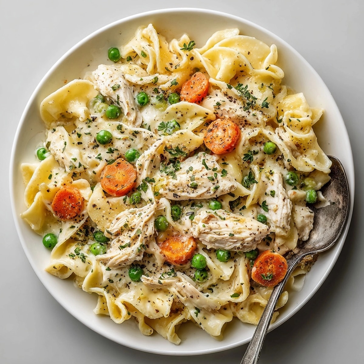 This creamy One-Pot Chicken Pot Pie Noodles dish features chicken, vegetables, and perfectly cooked pasta.