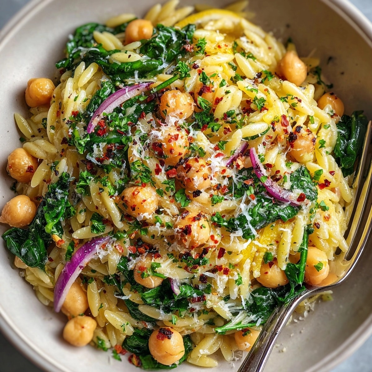 Steaming bowl of 15-Minute Lemon-Garlic Chickpea Risoni with spinach topped with fresh Parmesan cheese.
