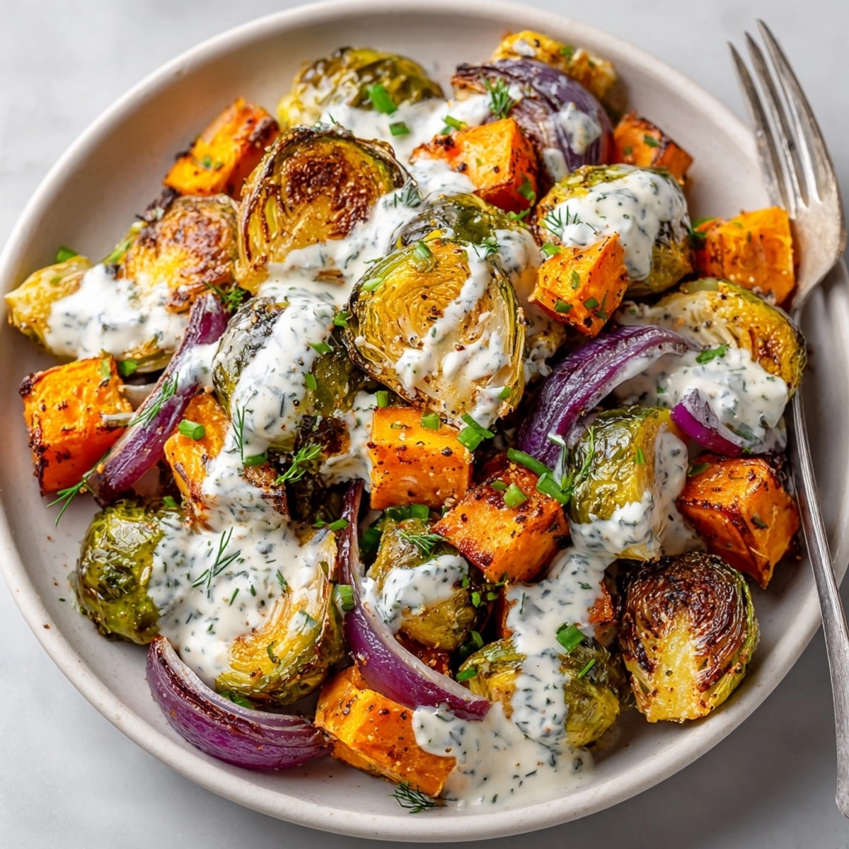 Sheet-Pan Brussels & Sweet Potatoes with dill pickle ranch: roasted veggies, golden and ready to eat.
