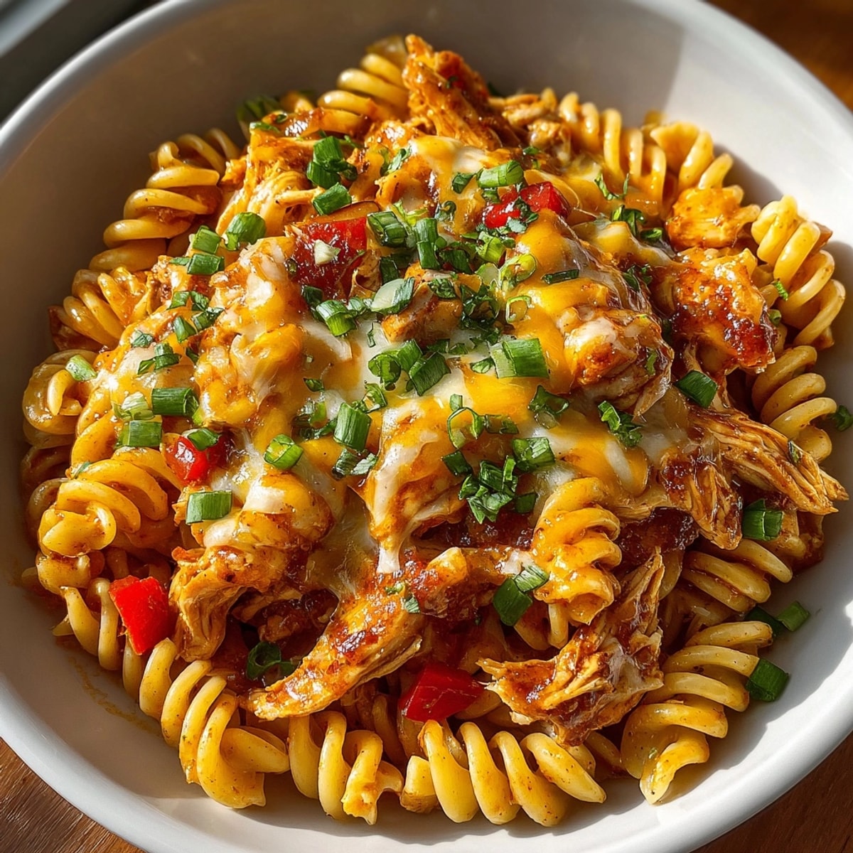 Sizzling photo: Creamy One-Pot Chicken Enchilada Pasta, topped with fresh green garnishes and melting cheese.
