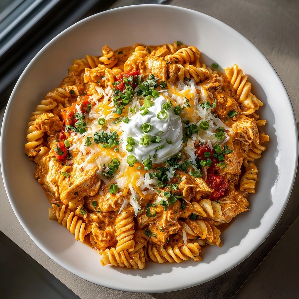 A vibrant shot of the One-Pot Creamy Chicken Enchilada Pasta, perfect for a quick and comforting weeknight meal.