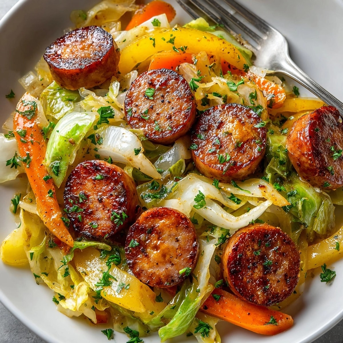 Smoky sausage and tender cabbage glistening in a 20-Minute Maple-Mustard Sausage & Cabbage Skillet, ready to serve.
