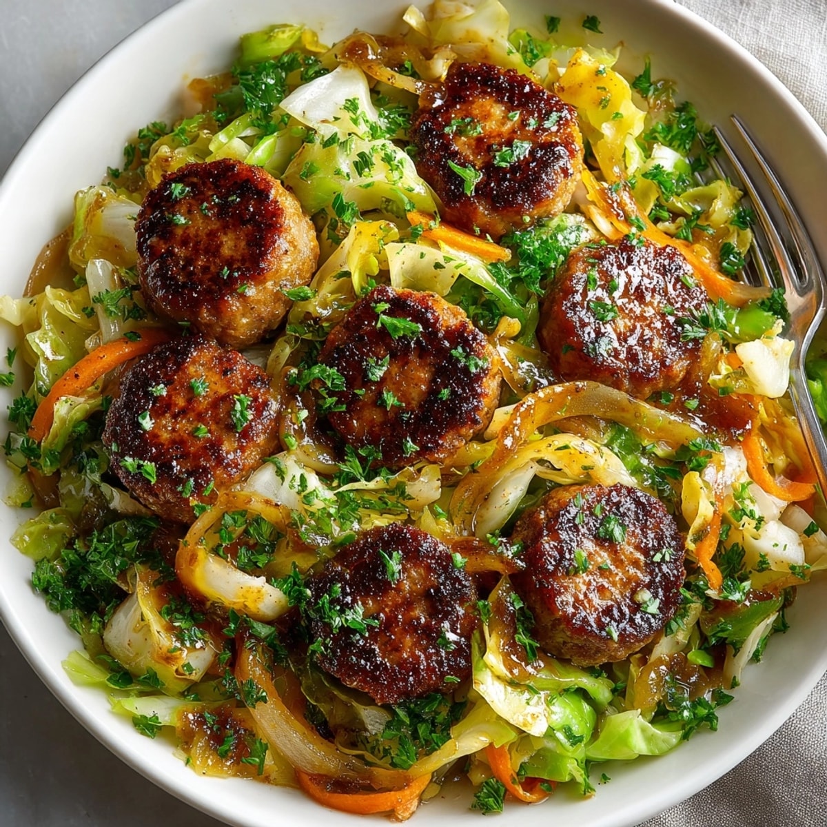 A close-up of the flavorful 20-Minute Maple-Mustard Sausage & Cabbage Skillet, coated in a delicious, sweet glaze.