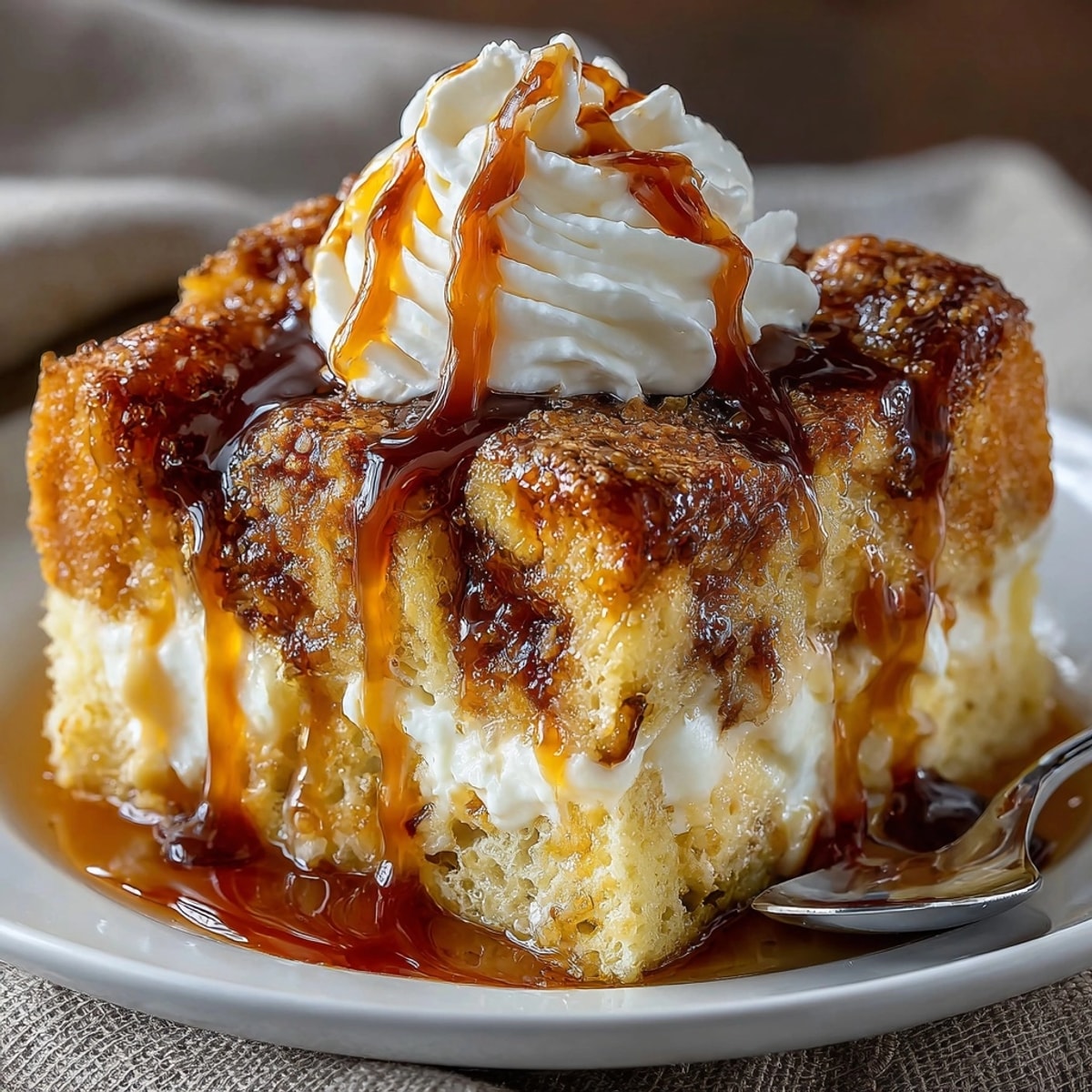 Golden, bubbly Rebel Float Cream Soda Caramel Bread Pudding, coated in sweet caramel sauce.
