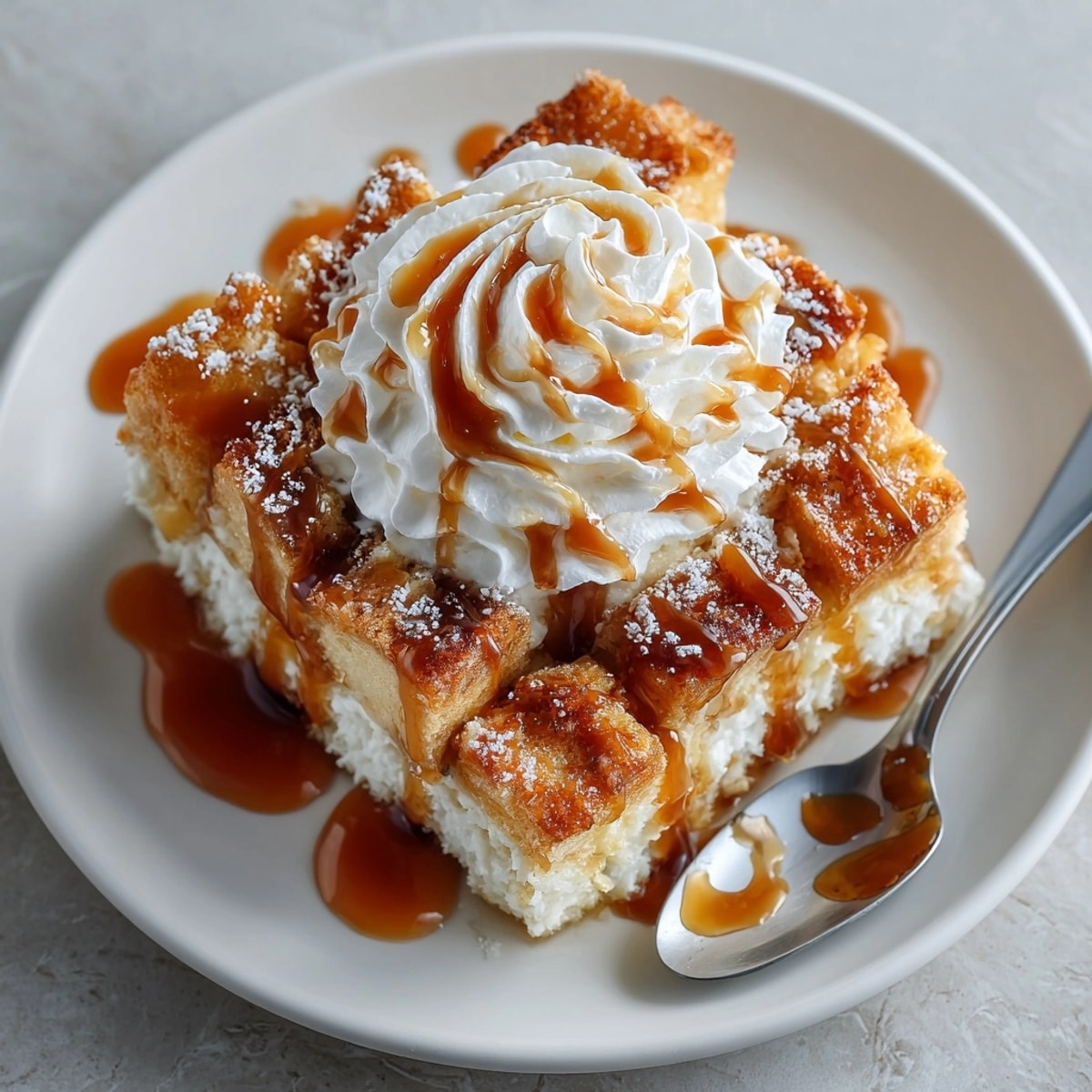 Indulge in this caramelized Rebel Float Cream Soda Caramel Bread Pudding, perfect for sharing.