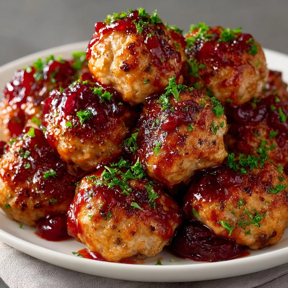 Golden brown Cherry-Cranberry BBQ Chicken Meatballs glistening in a rich, sweet, and slightly spicy sauce.