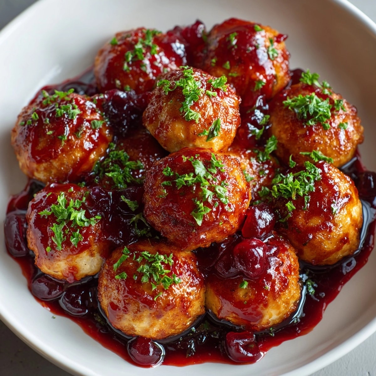 Tender Cherry-Cranberry BBQ Chicken Meatballs, simmering in a vibrant red sauce, ready to serve and enjoy.