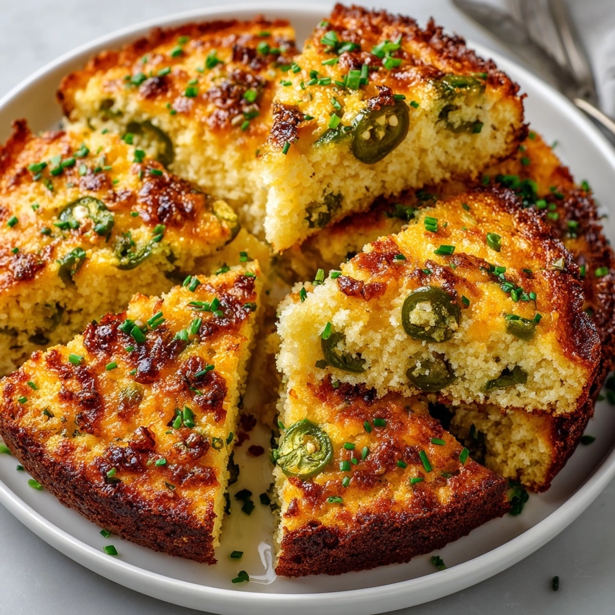 Golden-brown Pickle-Fix Jalapeño Cheddar Cornbread Skillet, a savory, cheesy, and spicy delight.