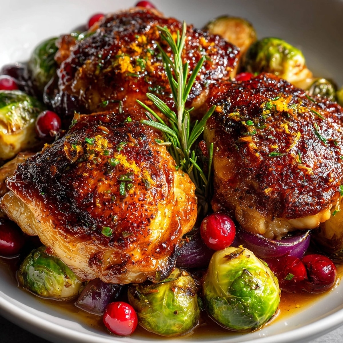 Golden, roasted Cranberry-Orange Sheet-Pan Chicken Thighs with Brussels, a flavorful one-pan dinner bursting with color.