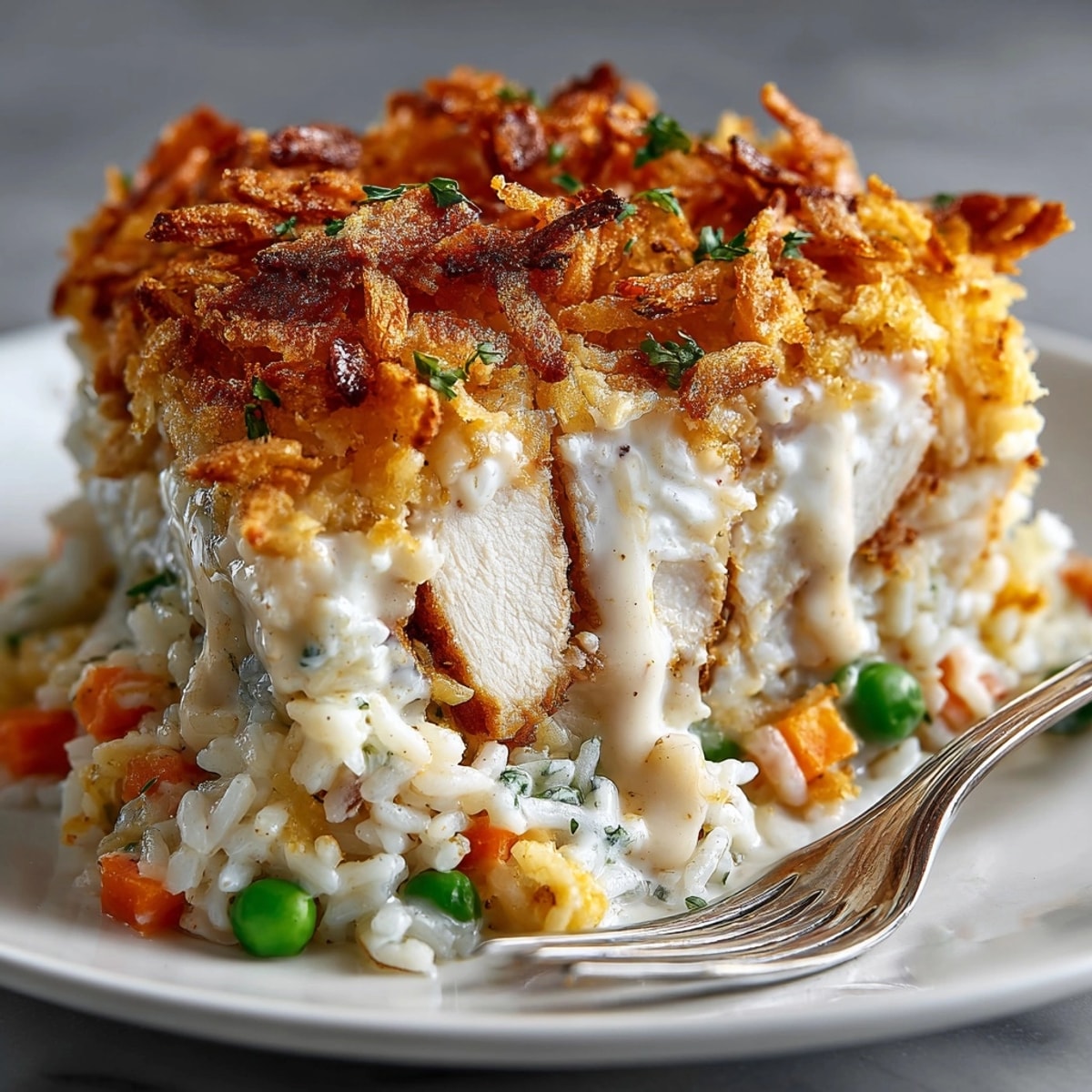 Golden, bubbly Homestyle Chicken & Rice Bake featuring tender chicken, perfect for a cozy dinner.