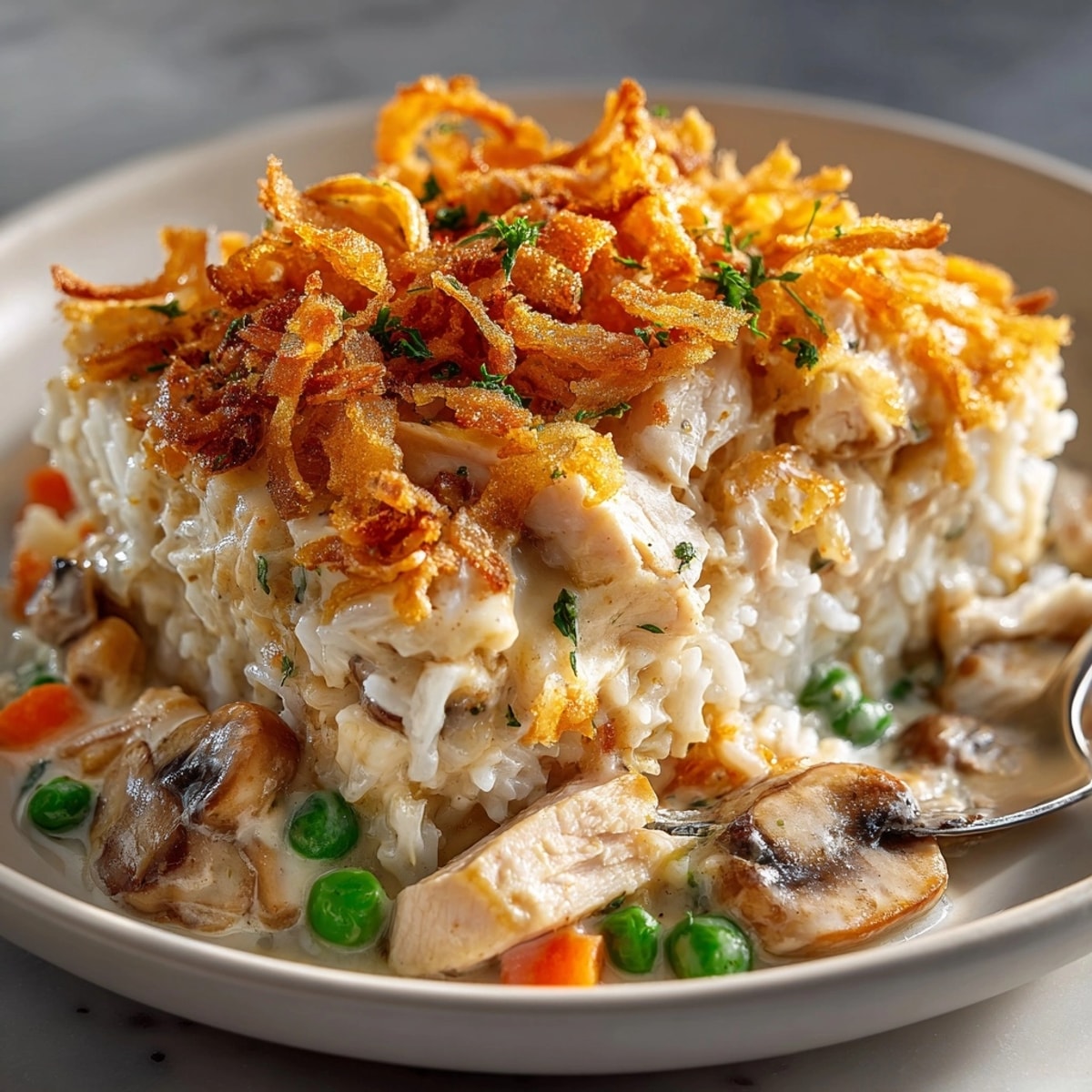 A close-up of a delicious Homestyle Chicken & Rice Bake, topped with crispy onions and savory chicken.