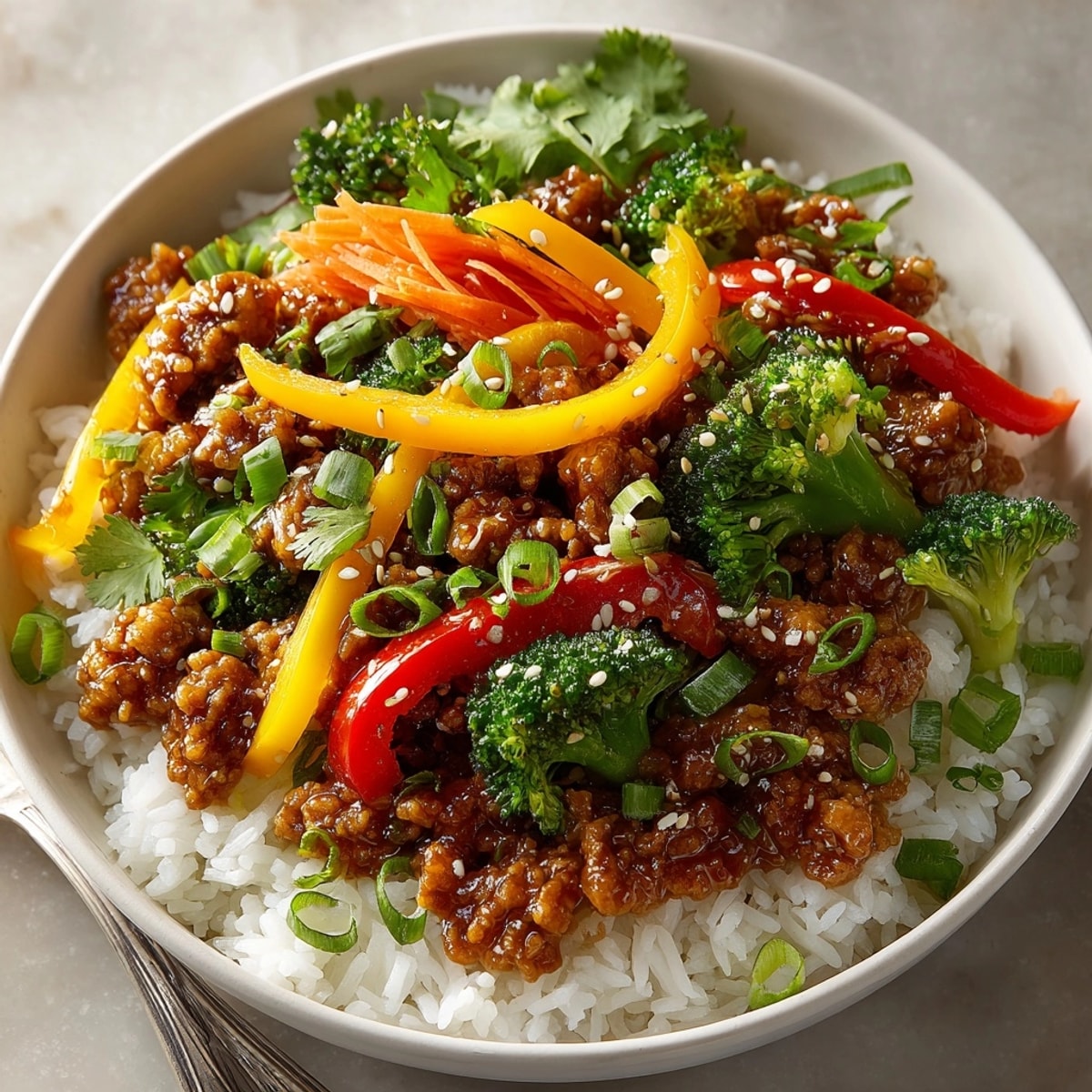 Tender ground turkey is coated in a glistening honey-garlic sauce for these delicious Weeknight Honey-Garlic Turkey & Rice Bowls.