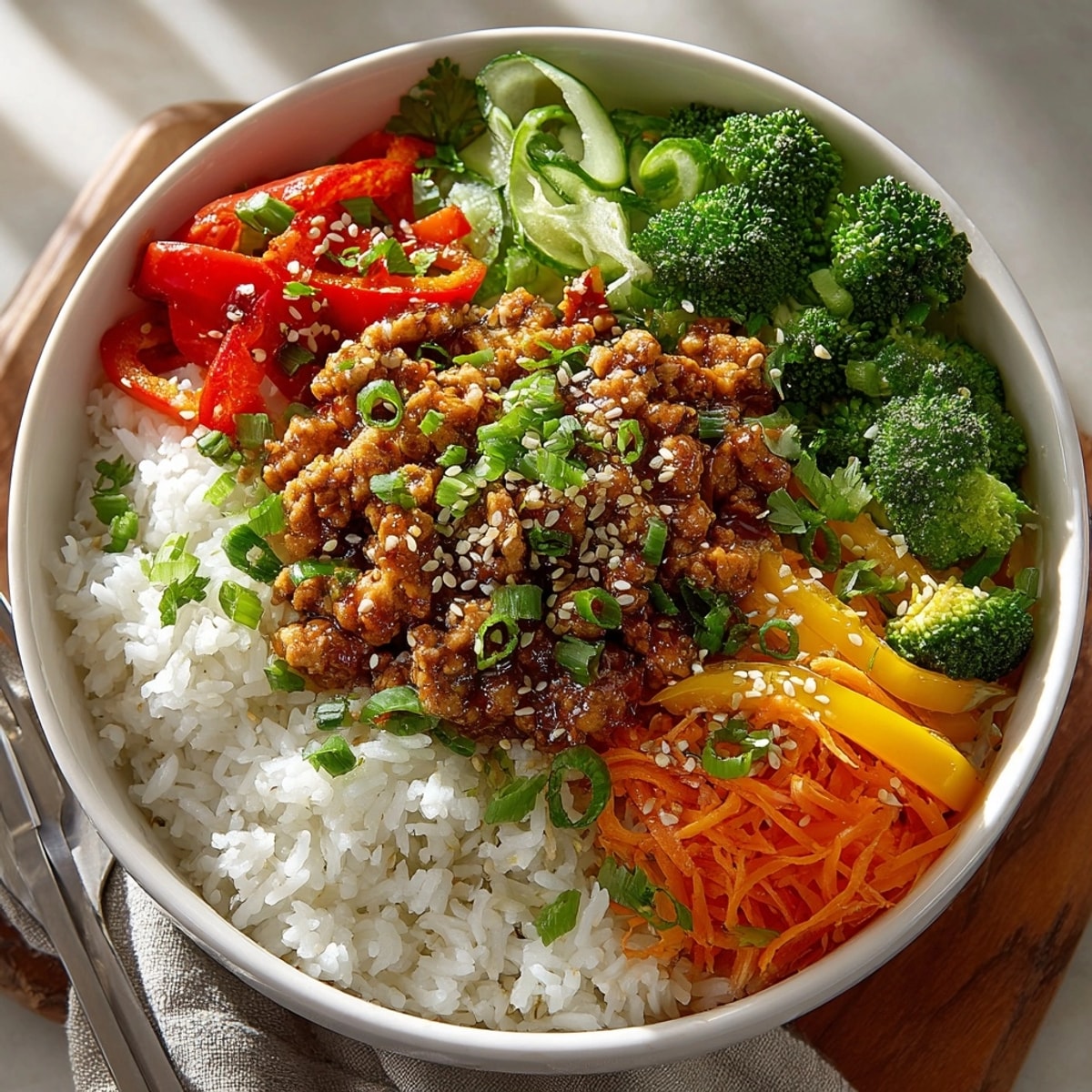 A visually appealing photo showing hearty Weeknight Honey-Garlic Turkey & Rice Bowls with glistening sauce and fresh garnishes, ready to eat.