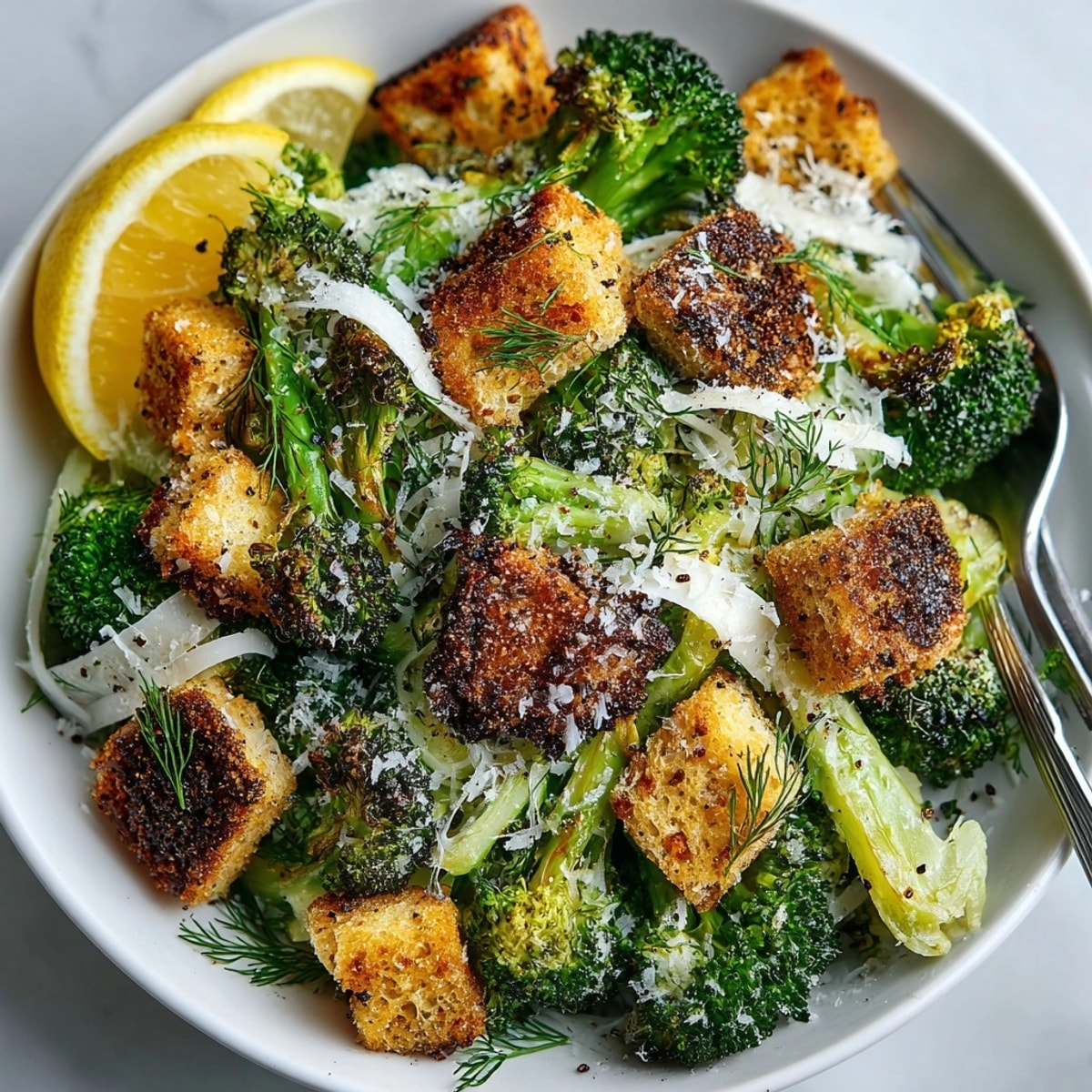 Roasted Broccoli Caesar with Dill Pickle Croutons: a colorful salad with crispy croutons and creamy dressing.