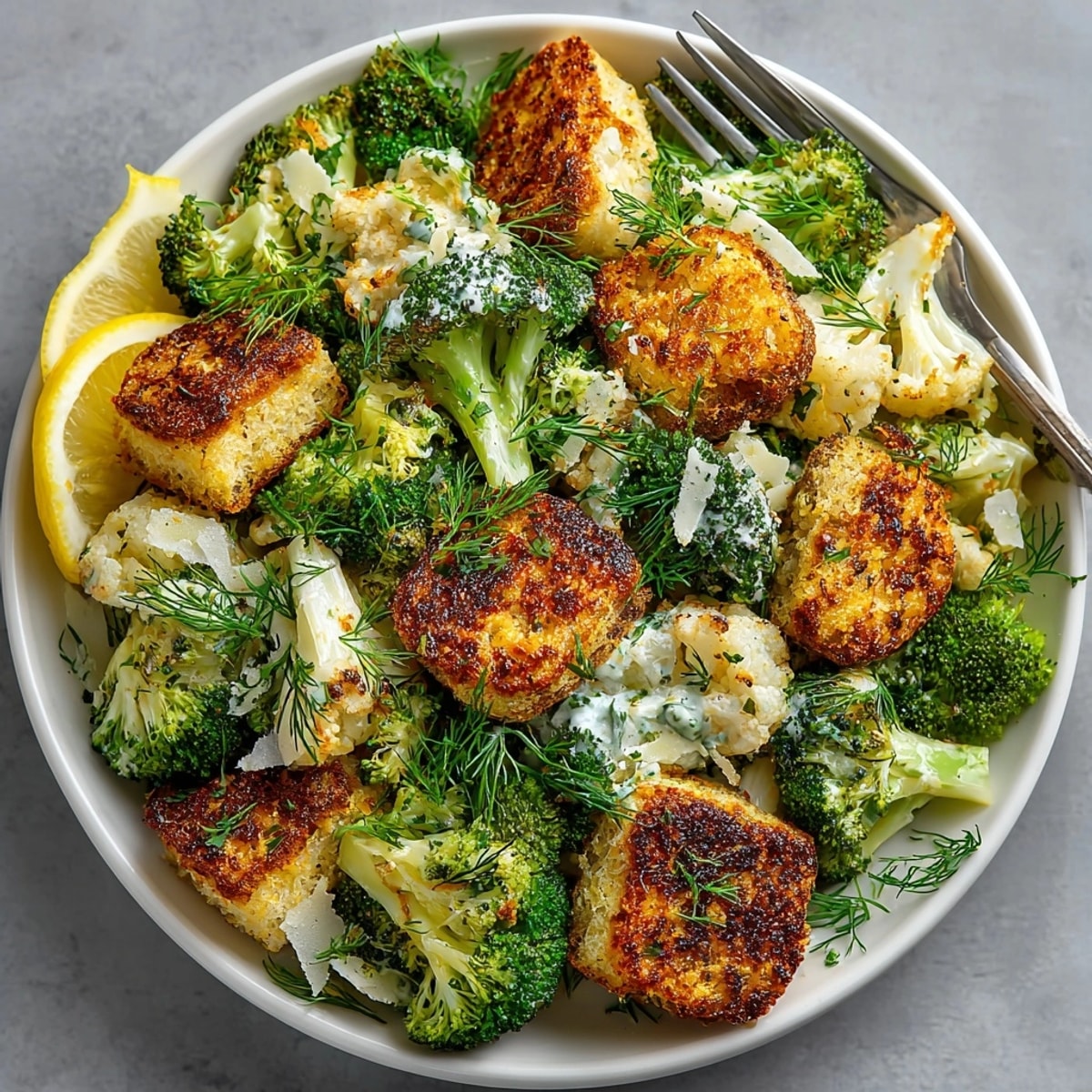 A flavorful bowl of Roasted Broccoli Caesar, featuring roasted broccoli and tangy dill pickle croutons.