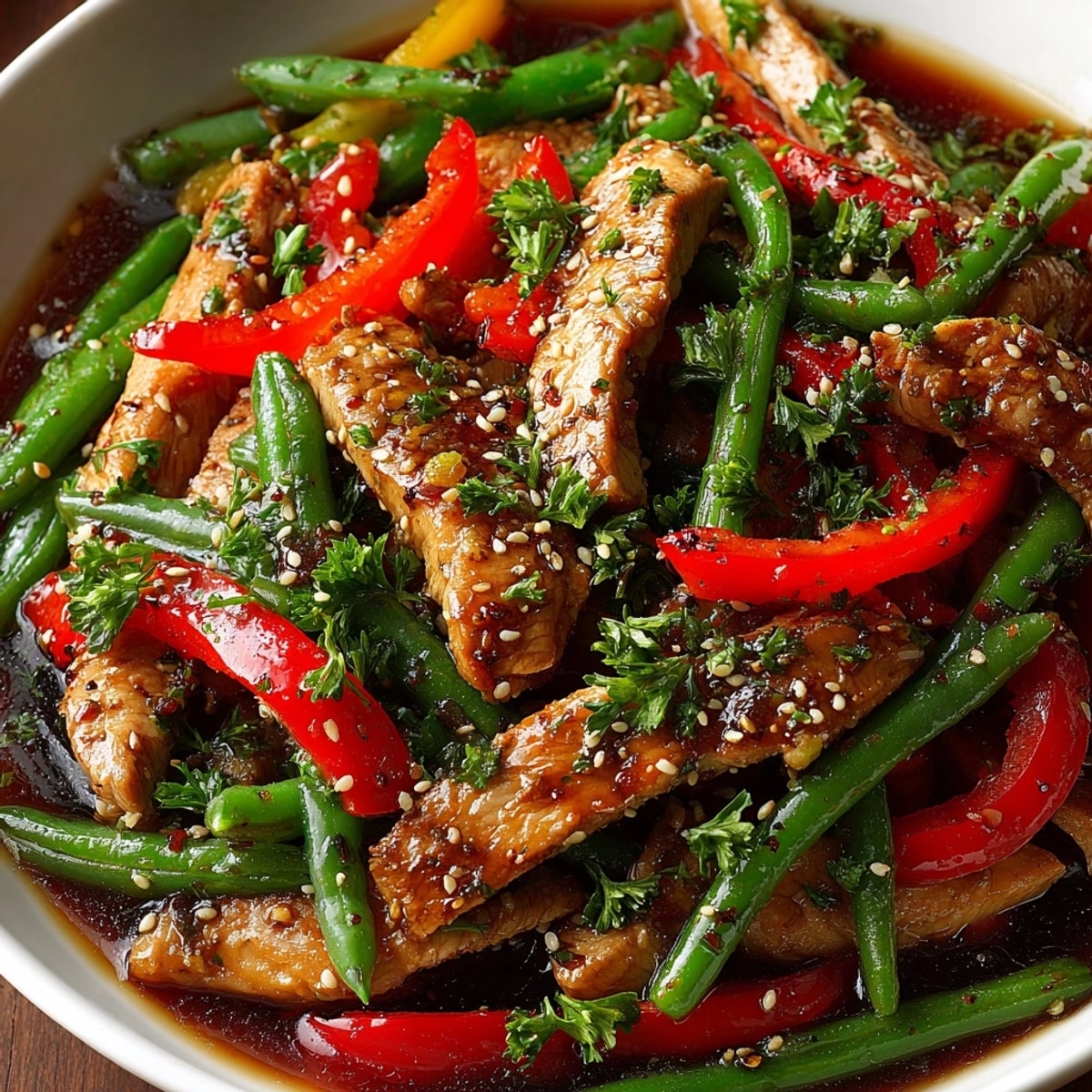 Golden-brown 20-Minute Garlic-Butter Turkey & Green Bean Stir-Fry, ready to be served, with sesame seeds.