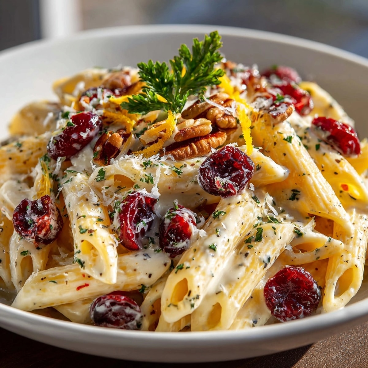 Vibrant photo of Thanksgiving Cranberry Cream Cheese Pasta, a comforting holiday vegetarian meal.