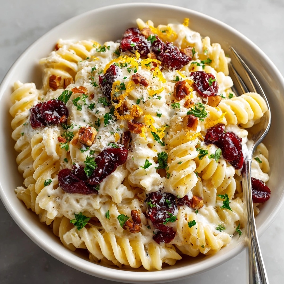 A close-up view of creamy Thanksgiving Cranberry Cream Cheese Pasta, garnished with fresh parsley and fruit.