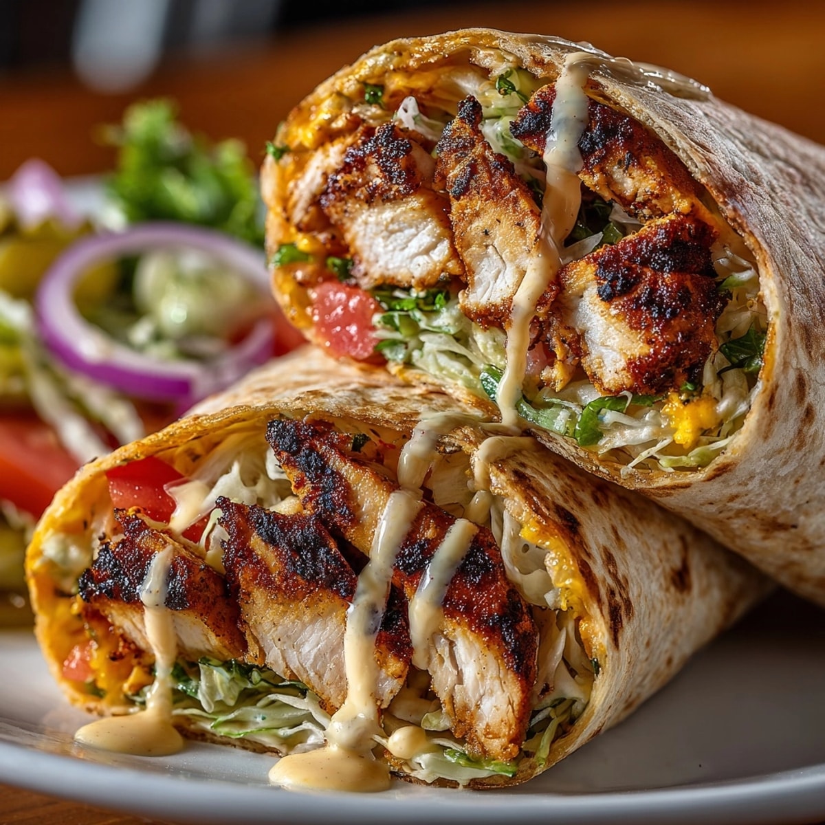 Juicy pickle juice marinated chicken wraps, ready to eat, filled with fresh veggies and cheese.