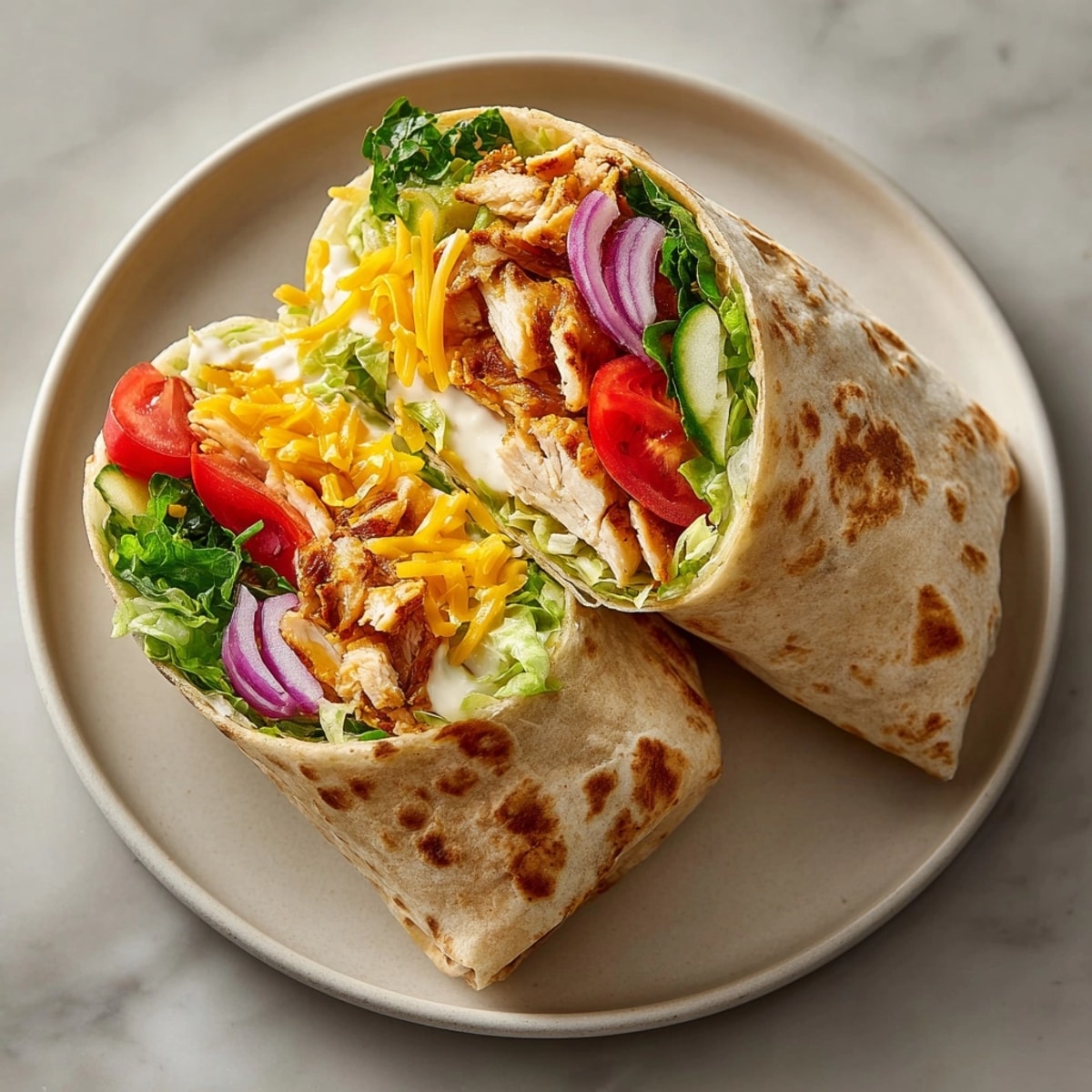 Close-up of delicious pickle juice marinated chicken wraps, showcasing the flavorful ingredients and textures.