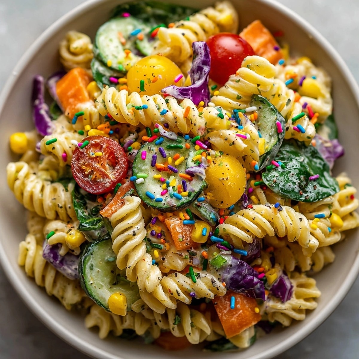 Vibrant Chaos Cake-Inspired Rainbow Pasta Salad, showcasing colorful veggies and creamy dressing, ready to eat.