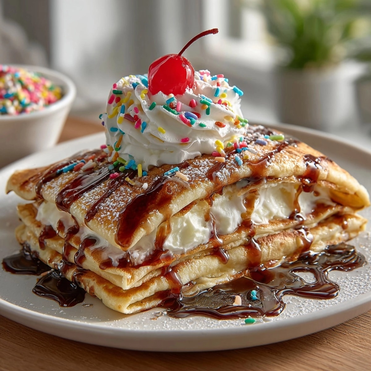 Fluffy Rebel Soda Float Pancake Wraps with melting vanilla ice cream and fizzy syrup.