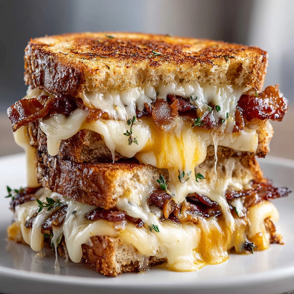 Golden, melty Fall Maple Bacon Grilled Cheese, showcasing crispy bacon and gooey cheeses on toasted bread.