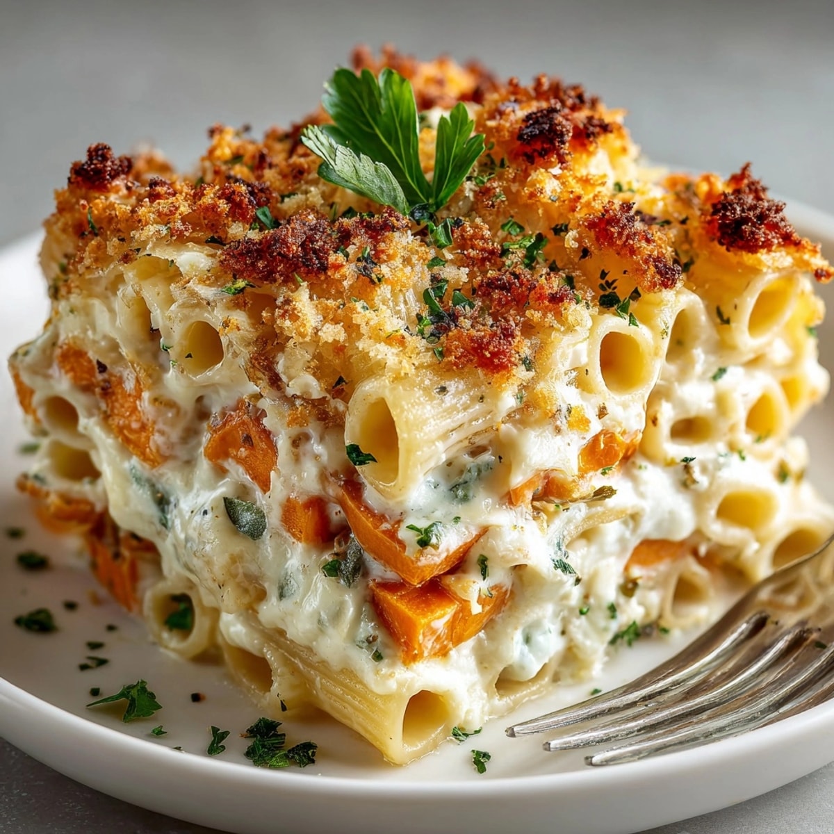 Golden, bubbly Thanksgiving Sweet Potato Pasta Gratin with a crispy breadcrumb topping, ready to serve.