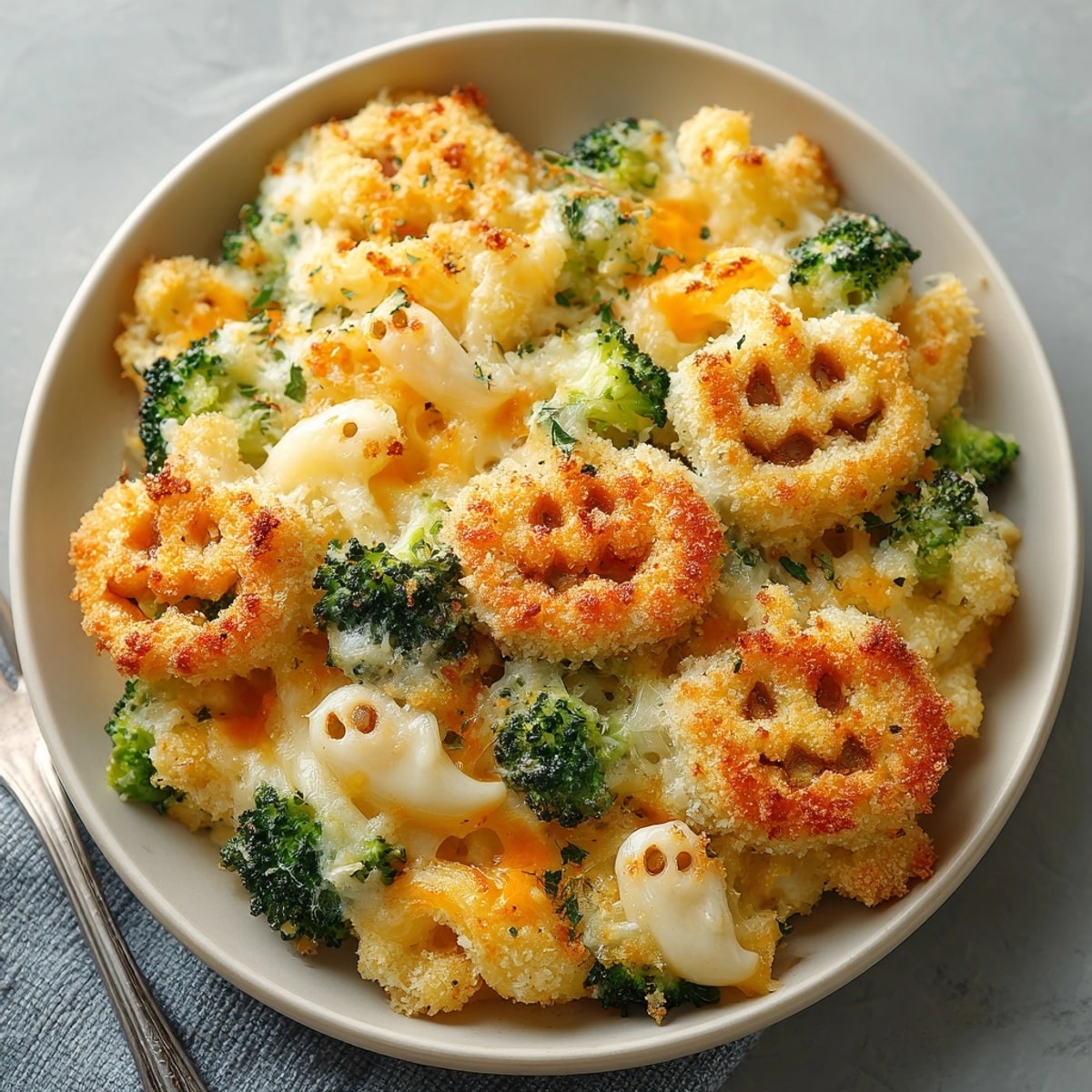 Golden, bubbly Halloween Cheesy Broccoli Pasta Bake just out of the oven, ready to serve.